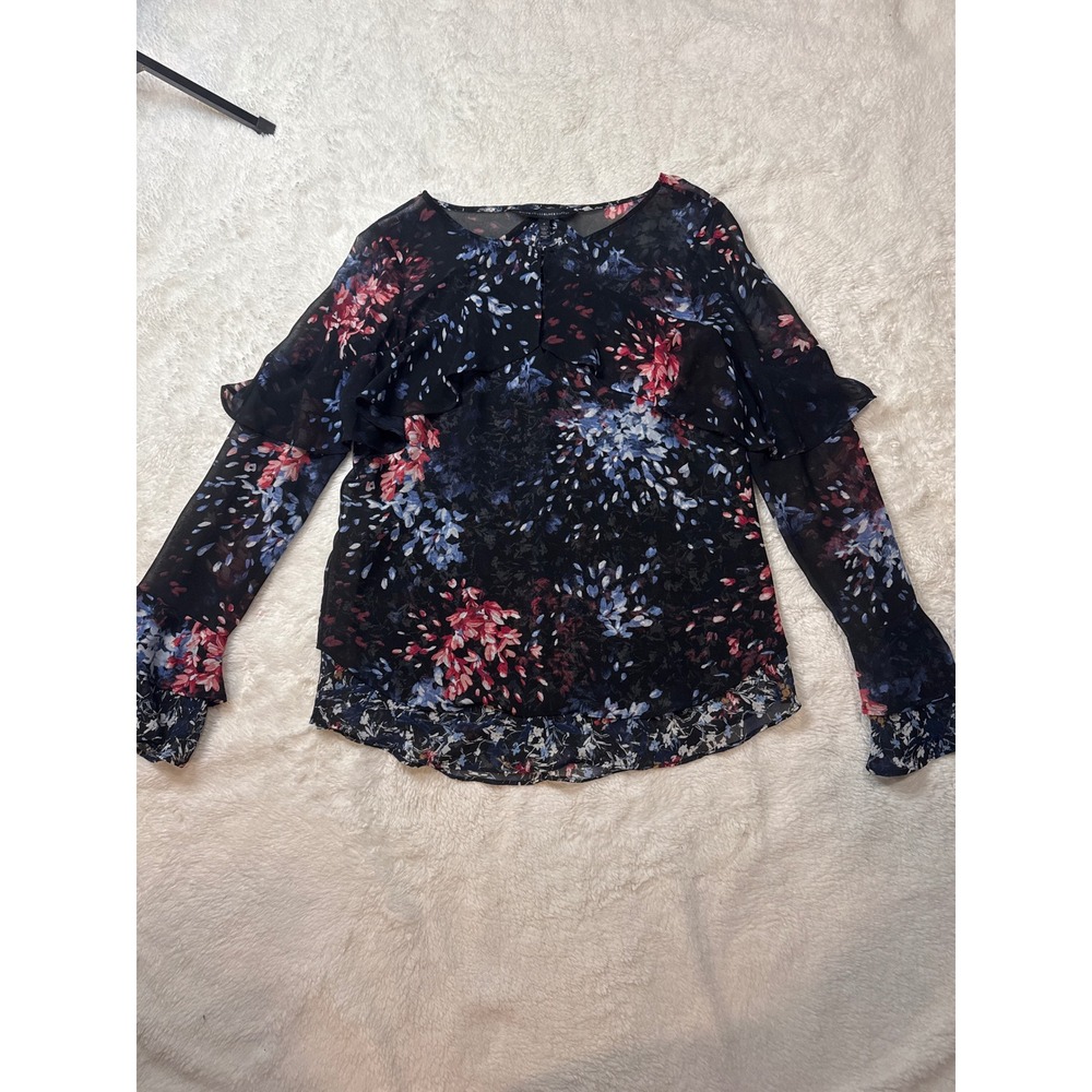 White House Black Market Floral Blouse Women 2 Navy Excellent Ruffle Chiffon
